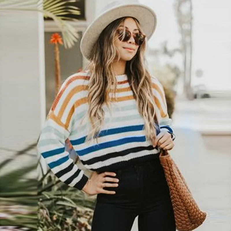 Heflashor Fashion Women's Rainbow Striped Long Sleeve Knitted Sweater Top Cover Up Ladies Casual Loose Round Neck Knitwear
