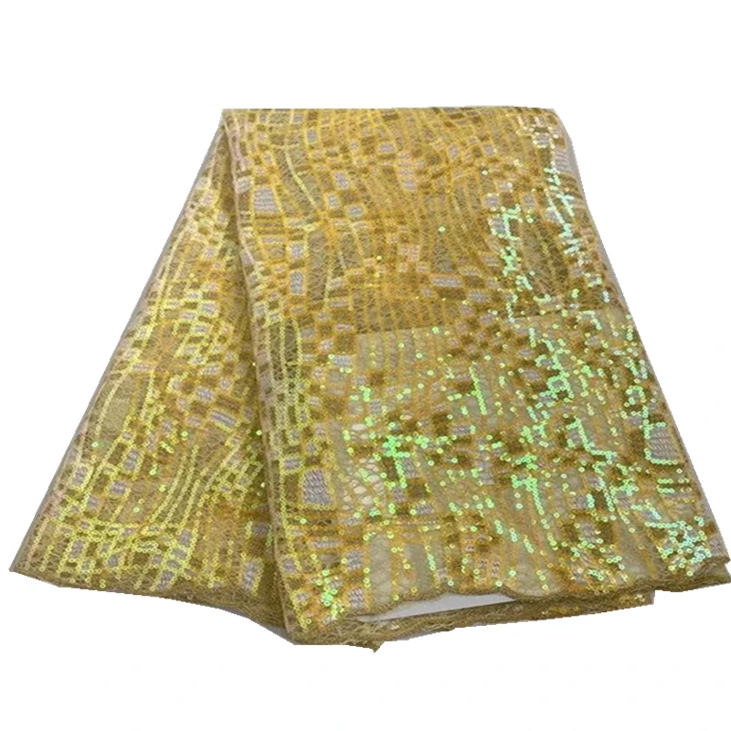 

2021 Sequin Lace Fabric Mesh Yellow Color African Embroidery Sequence Nigerian French Party Latest High Quality Tulle fc71-99