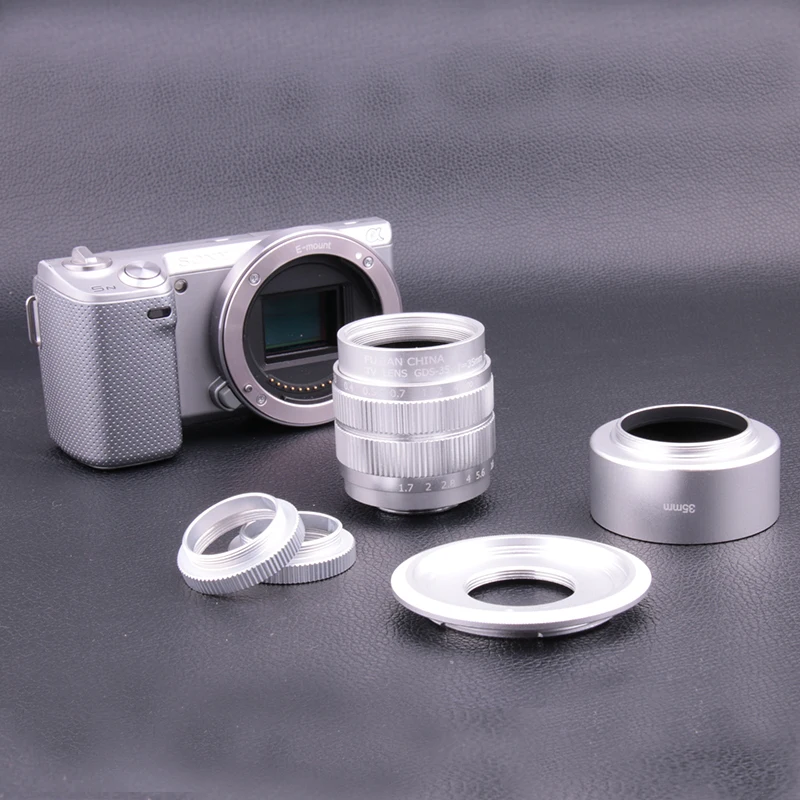 Высокое качество Фуцзянь видеонаблюдения 35 мм f1.7 объектив с-образное крепление для объектива для sony NEX-5 NEX-3 NEX-7 NEX-5C NEX-C3 NEX серебро+ светозащитная бленда объектива