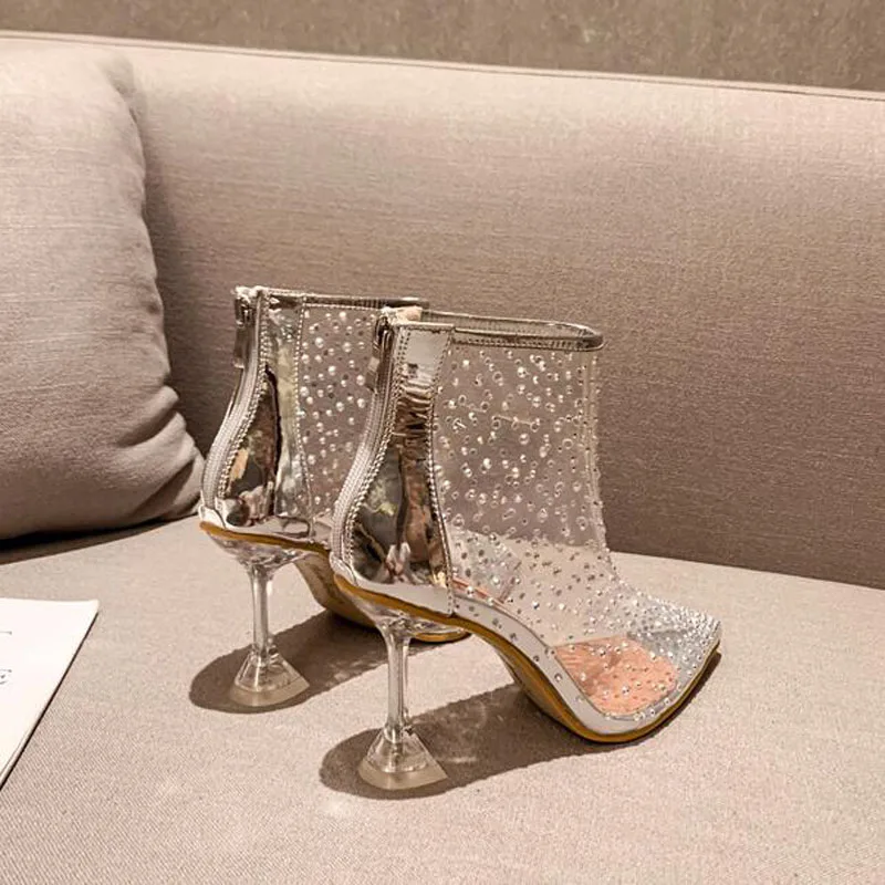 Стразы пикантные прозрачные женские ботильоны из ПВХ высокого качества с острым
