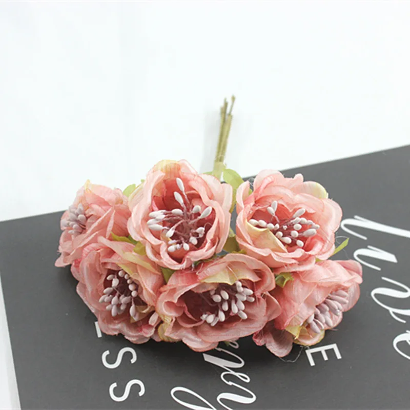 6 шт. искусственный Шелковый цветок имитация цветка розы букет розы ручной работы Свадебный Подарочная коробка diy Декоративный букет - Цвет: Bean paste