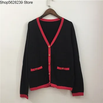 

Thin Coat Female Autumn Long Sleeve Small Fragrance Contrast Color V Collar Cardigan Sweater Female Knitting Shirt Dongguan