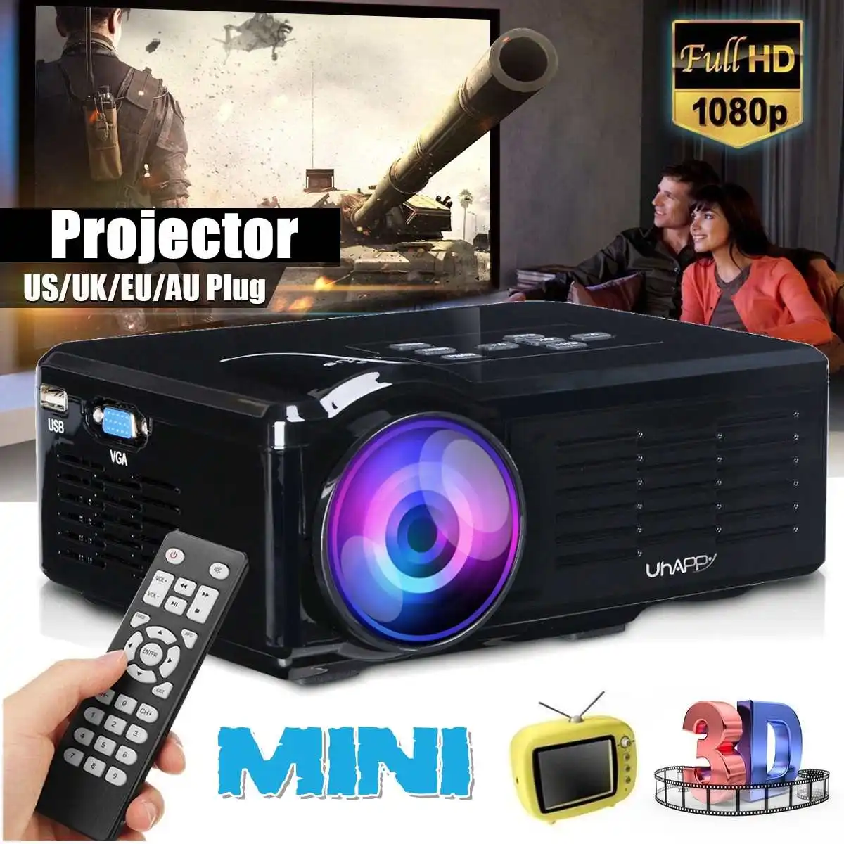 

Full HD 1080P LED Mini Projector Home Media Movie Player Proyector Support USB/SD/VGA/AV/Micro USB/TV with Remote Control Beamer