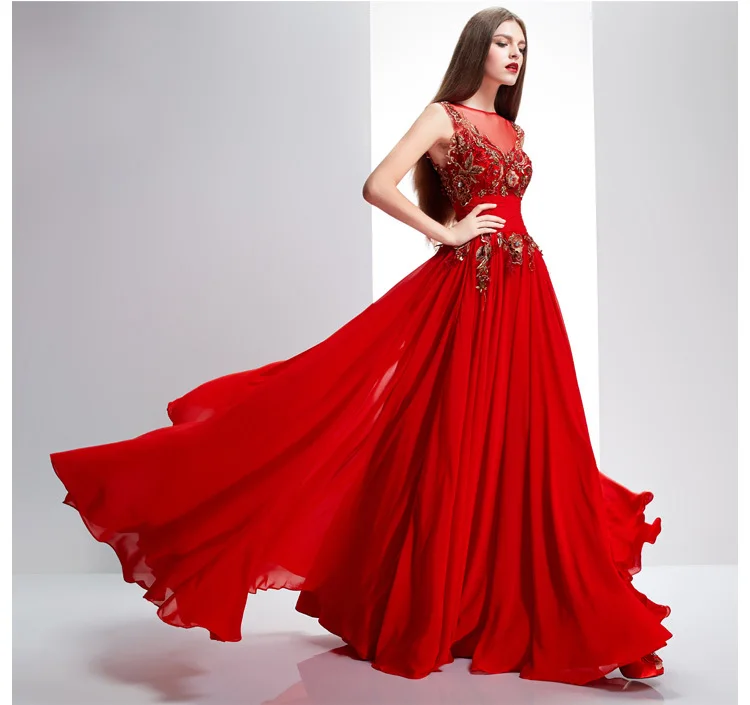 Красный Vestido de festa longo, длина до пола, новые сексуальные платья для вечеринки с аппликациями, красное шифоновое длинное вечернее платье, платья для матери невесты - Цвет: Красный