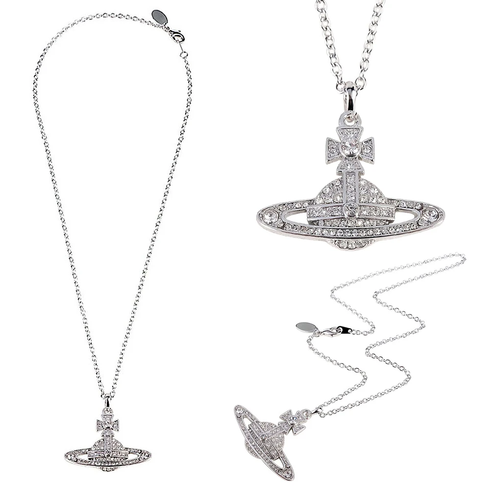 

XIAOJINGLING Full CZ Crystal 3.5*2.5cm Cross Saturn Pendant Necklace Long Planet Orbit Sweater Chain for Women Girl Unisex Party