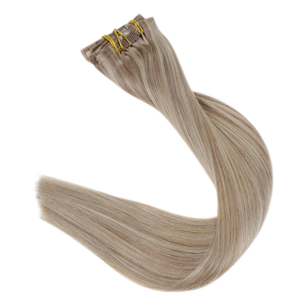 Full Shine PU Clip Hair Extensions Remy Human Hair 100g Seamless Invisible Clip In Extensions Human Hair Balayage Color Blonde 22