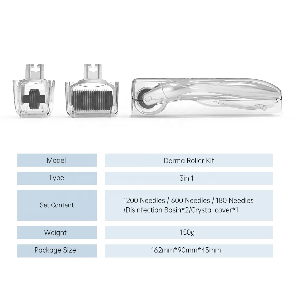 3 In 1 Derma Roller Kit 180/600/1200 Titanium Needle Skin Care Gold Silver Microneedle Roller 3 Replacement Heads DRS derma roller