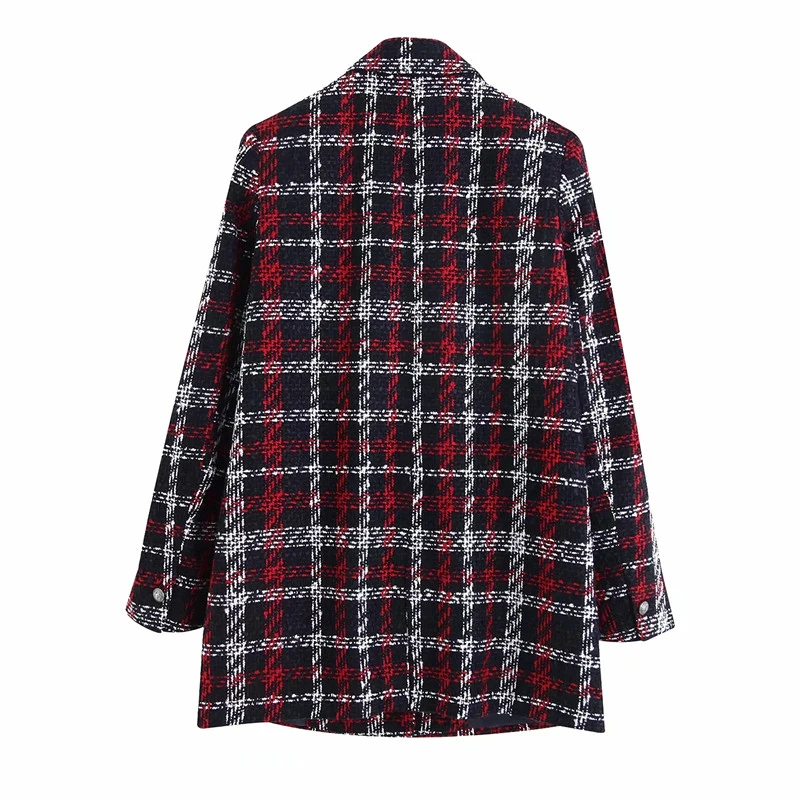 wonderful Women Fashion Tweed Red Plaid Za Long Jacket 2019 Autumn-winter Female Long Sleeve V-neck Warm Loos