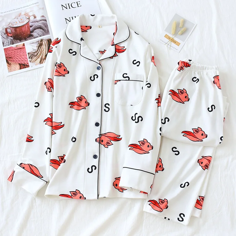 Pig red Японские kawaii pig женские пижамы зимние теплые тканевые повседневные женские пижамы с длинным рукавом качественные пижамы для женщин - Цвет: Pig red