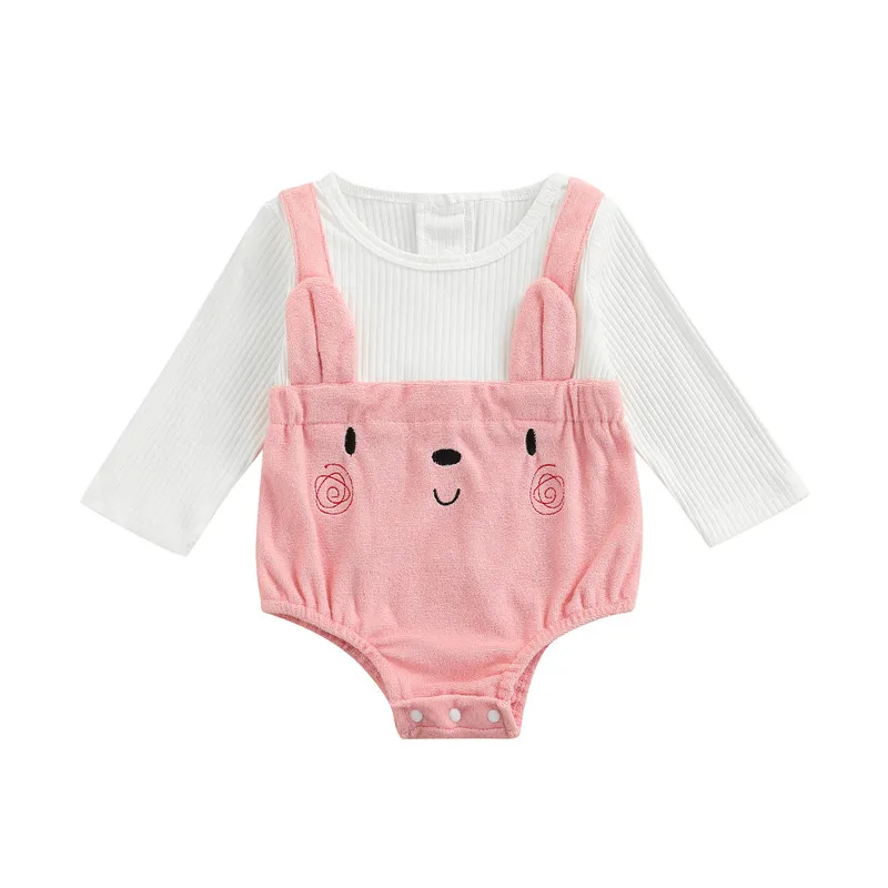 0 18m Baby Girls Rompers Rabbit Embroidery Splicing Long Sleeve