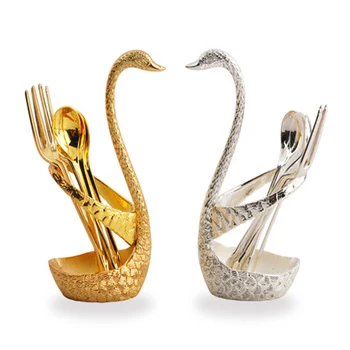 

6pcs Swan Base Holder Fruit Forks Spoon Set Stainless Steel Tableware Dessert Forks Spoon Set Coffee Cake Tools Tableware Holder
