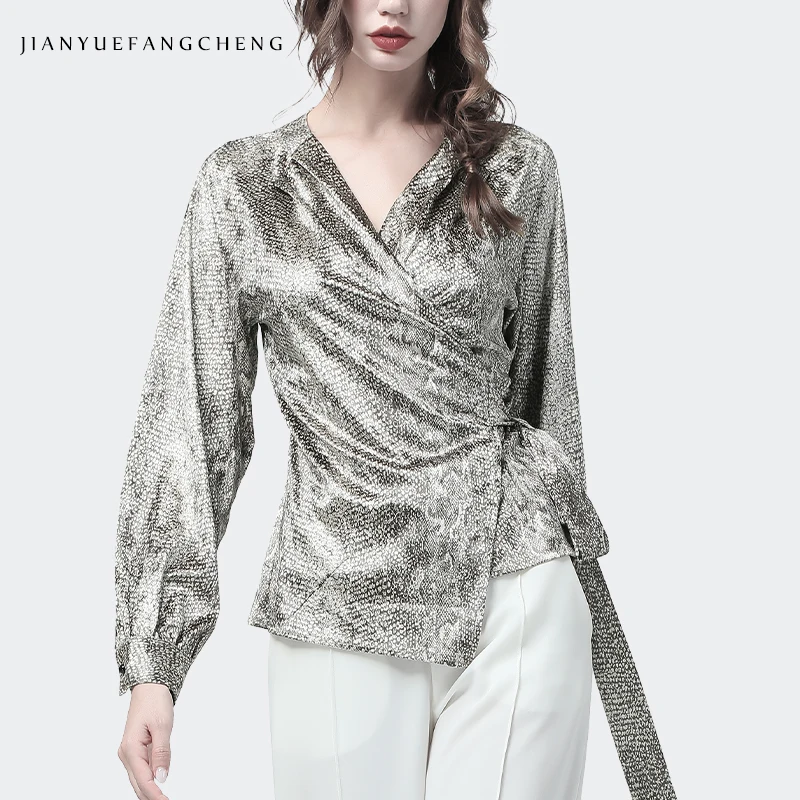 

Women Bling Leopard Printed Blouse Long Sleeve V-Neck Velour Top Sashes Tie Up Elegant Slim Luxury Korean Autumn Office Clothes