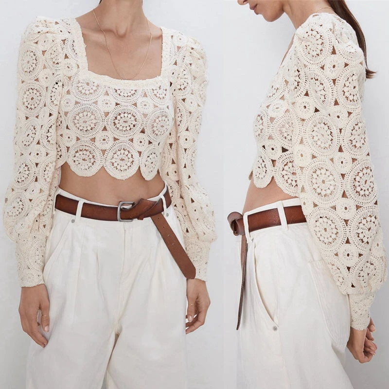 blusa de crochet con manga larga para verano camisa corta informal para mujer para playa y piscina