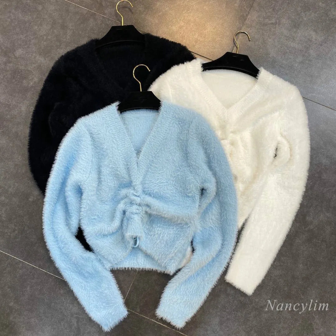 

Cropped Sweater for Women 2020 Autumn and Winter V-neck Long Sleeve Drawstring Elastic Front Short Back Long Furry Mink Knit Top
