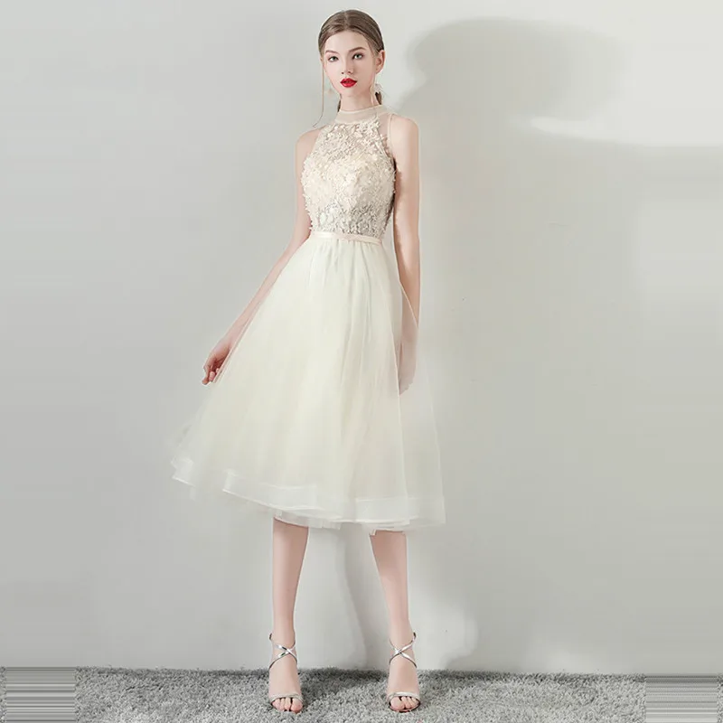 

Skyyue Prom Dress High Collar Sleeveless Tulle Vestidos De Fiesta A-Line Lace Contrast Color Vestidos De Gala LX1047