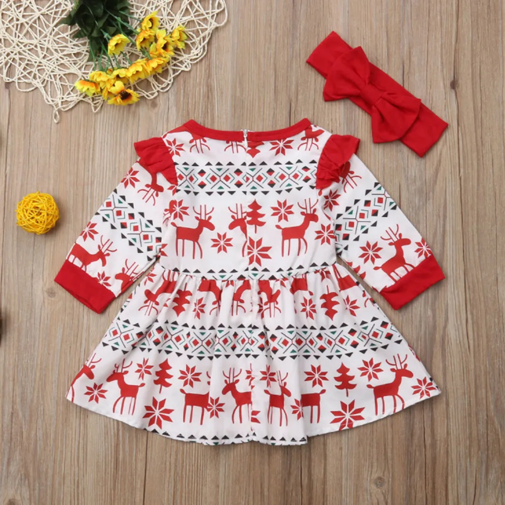 My First Christmas Girl Clothes Toddler Baby Long Sleeve Cartoon Deer Print Dress+headbands Sets Girls Outfit Mi Primera Navidad