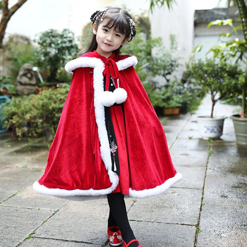 Hanfu/красный плащ для девочек, зимний длинный плащ, детская Мантия в древнем китайском стиле, Детские Рождественские накидки с капюшоном, Новогодняя одежда