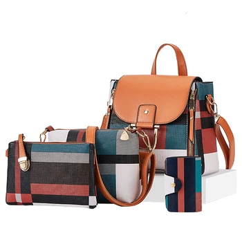 Designer Plaid  Women bags Luxury Quality Leather Backpacks 4 Pcs Shoulder Bags Set Composite Bags Girls Travel Back Bag Mochila