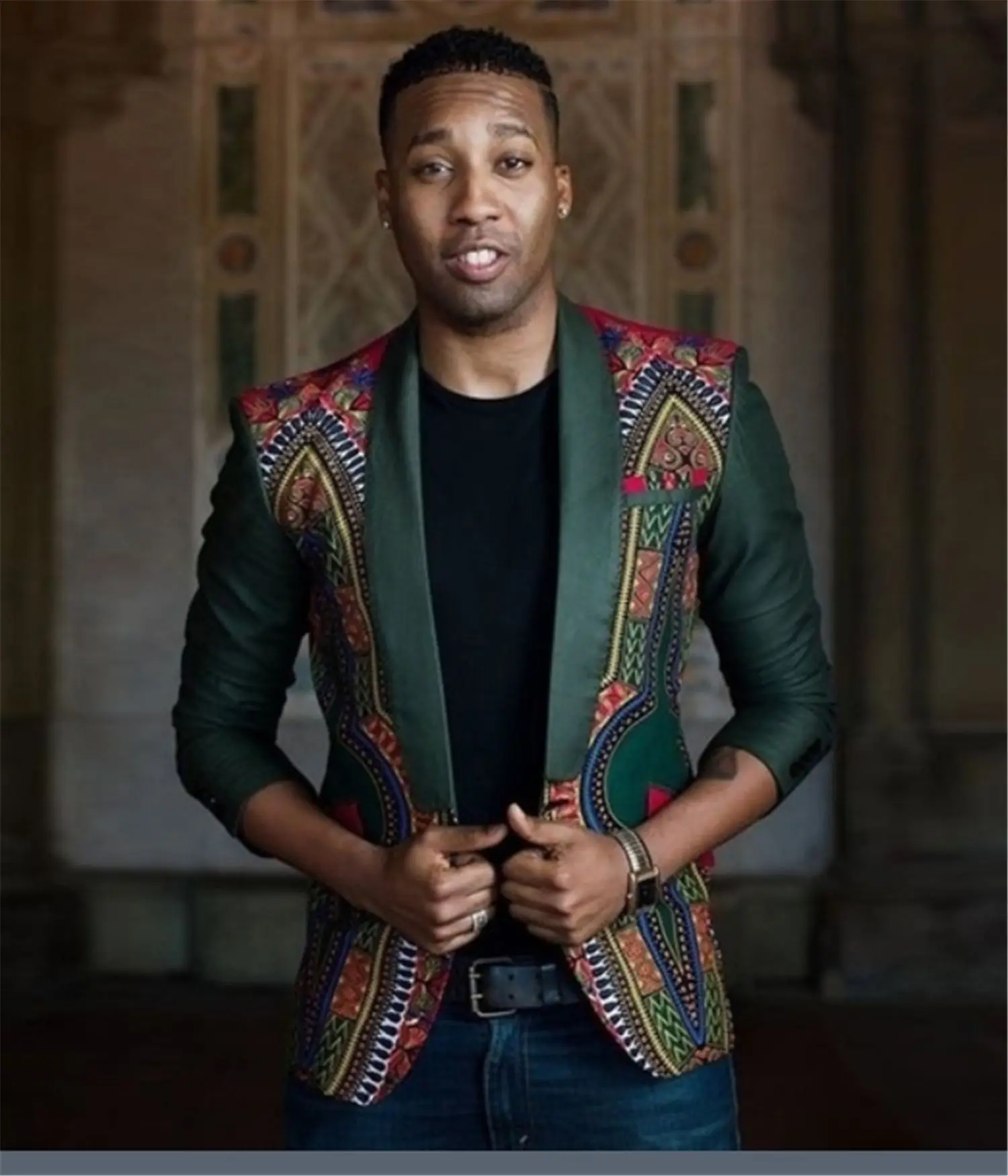 

Men's Autumn and Winter New Suit Casual Ethnic Style Print Stitching Slim Blazer