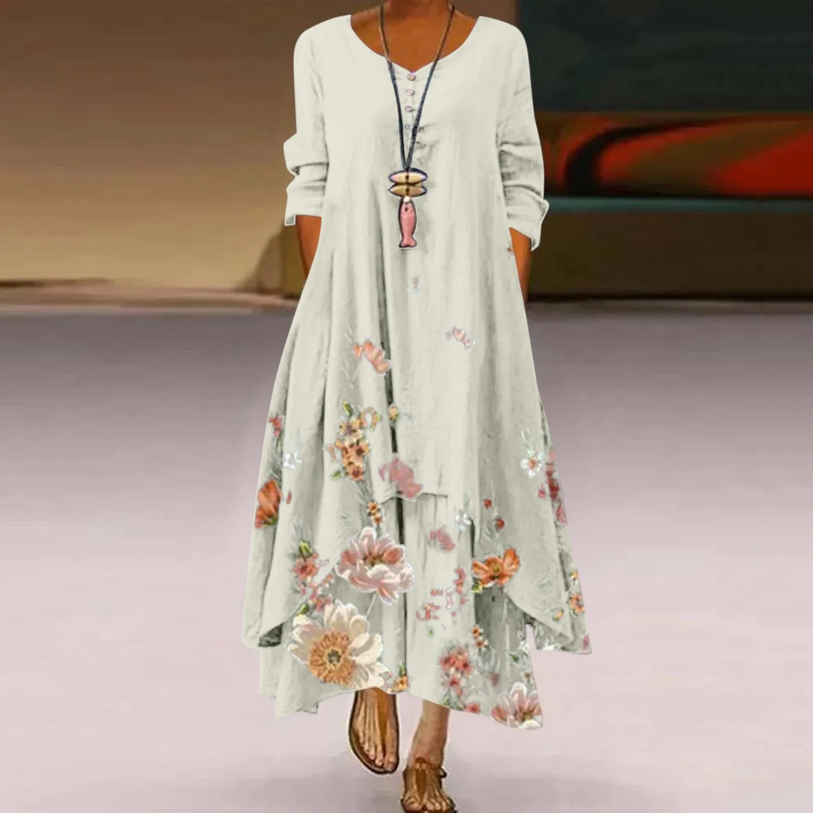 Women's Dress Satin Comfortable Vintage Summer Casual Floral Printing O-neck Long Sleeve Irregular Loose Ankle Length Dress 2021 1