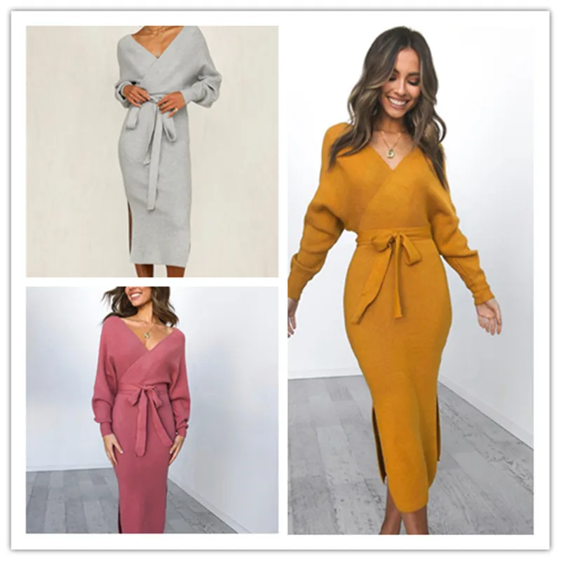 Женское трикотажное платье-свитер с длинным рукавом и V-образным вырезом |