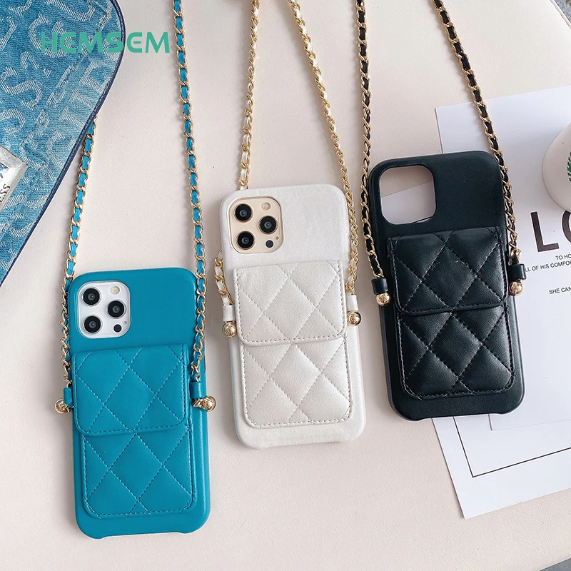 C19 HEMSEM Braided Chain Crossbody PU Lambskin Phone Case For iPhone 12 11 Pro XR XS Max 7 8 Plus Brand Card Holder Wallet Cover