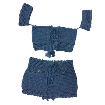 

Blue Crochet Bikini Two-pieces Beach Boho Knitted Ladies Swimwear Knit Swimsuit