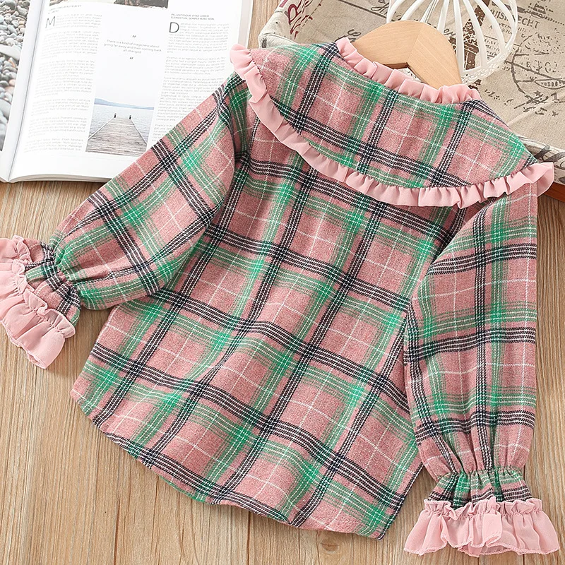 Korean-style KID'S Jacket Girls Lotus Leaf Lapel Shirt Autumn New Style Small CHILDREN'S Princess Plaid Long-sleeve Blouse