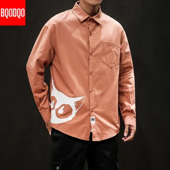 

Cotton Anime Print Shirt Men Fashions Streetwear Autumn Army Casual Top Mens 5XL Yellow Black Long Sleeve Korean Japanese Shirts