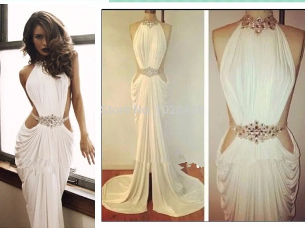 ^*Best Offers Real Made Sexy vestido de festa Crystal Kralen High Neck White chiffon Lange Prom Dresses snelle verzending 2015 avondjurk