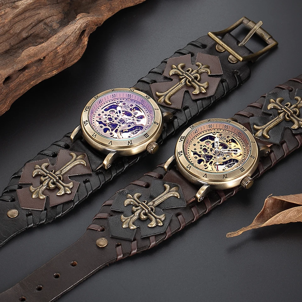Vintage Gothic Steampunk Automatic Men's Watch - Brown Dial