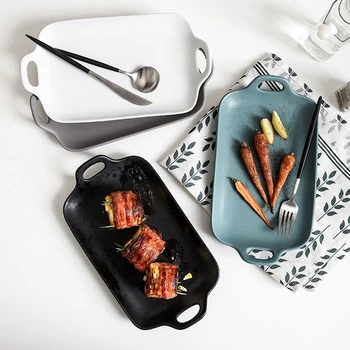 

Binaural Baking Plate Rectangular Plate Creative Breakfast Western Ceramic Plate Cheese Baked Rice Plate Flat Plate LB72122