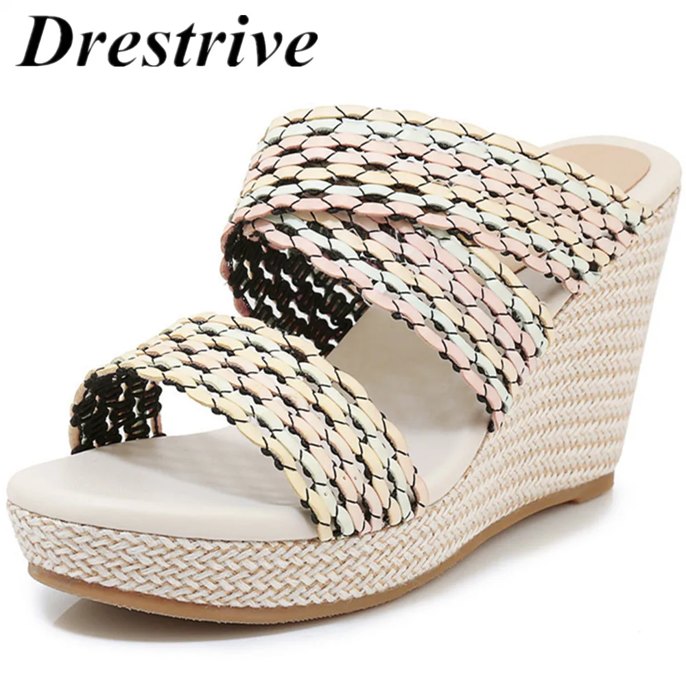 Drestrive Woman Sandals High Heel 9.5 CM Wedges Shoes Platform Cow Leather Mixed Colors 2021 Summer Cane | Обувь