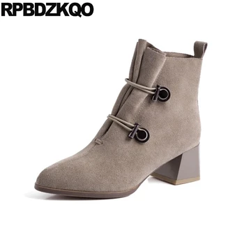 

booties pointed toe shoes short genuine leather suede women ankle boots medium heel chunky autumn block trend winter fashion