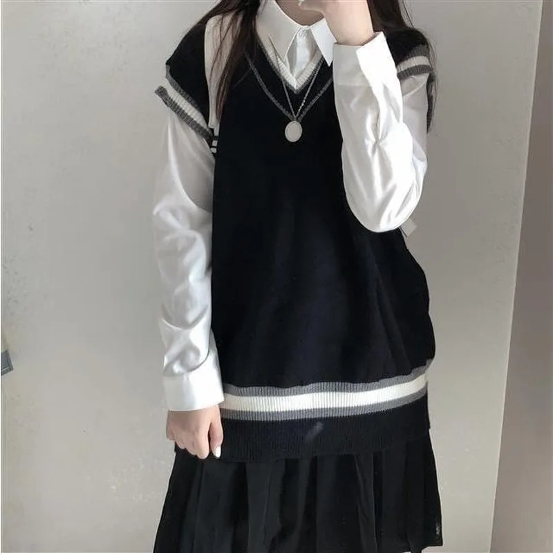 Women Sweater Vest Patchwork Design Retro Streetwear Japanese Style Spring New Ulzzang V-neck Leisure Fashion Tops All Match Ins 6