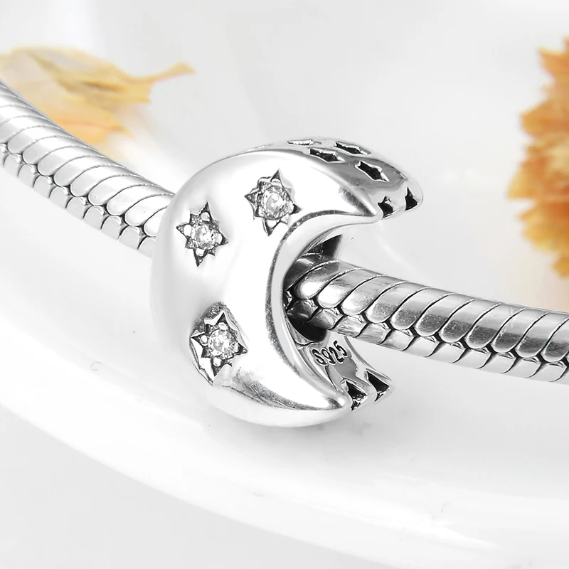925 пробы Серебряный сверкающий CZ Звезда Луна Шарм шарик подходит Pandora Браслеты для женщин ювелирные изделия изготовление
