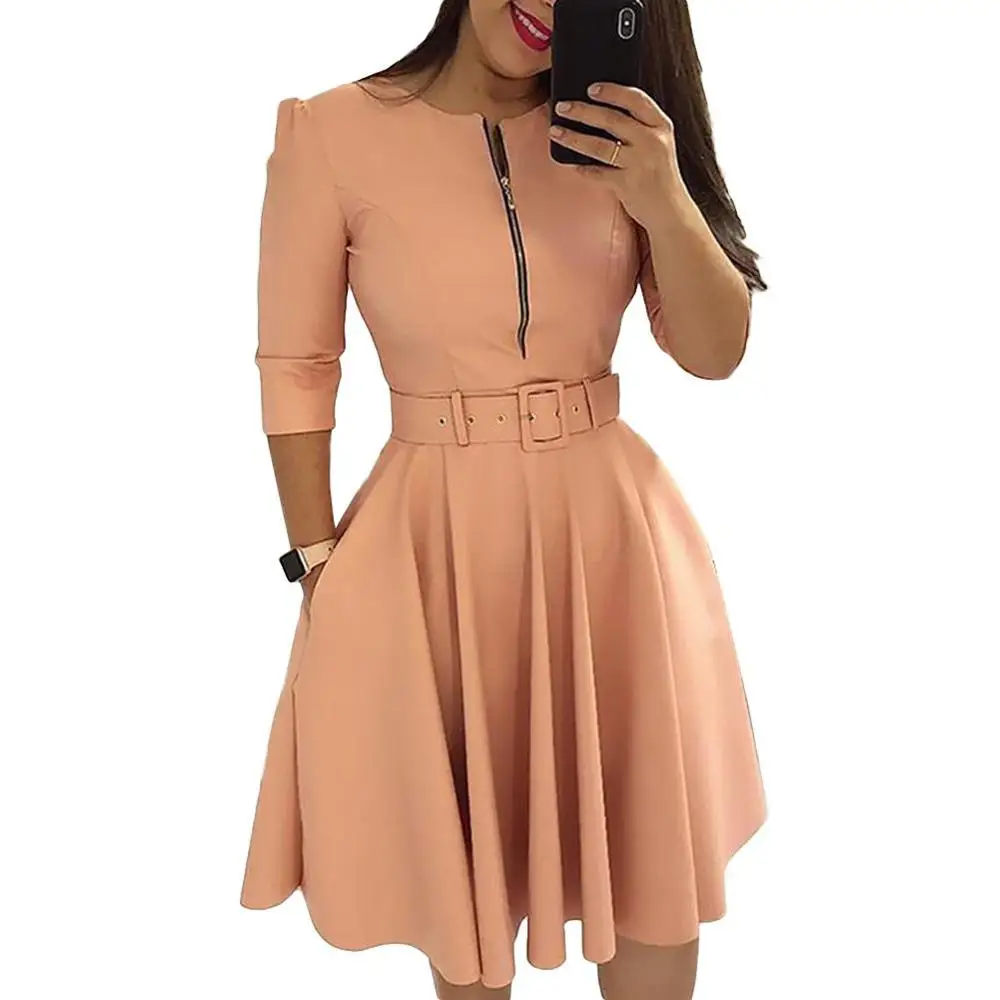 

Women Fall Half Sleeve Elegant Tunic Party Dress Female Solid Zipper Belted Pleated Casual Office Dress Vestidos Mujer L0041