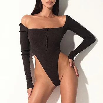 

Black Off Shoulder Sexy Bodysuit Women Long Sleeve Slash Buttons Bodycon Rompers Womens Jumpsuit Solid Summer Body Suit