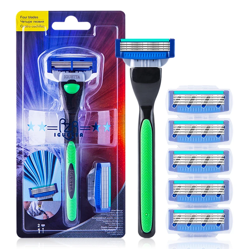 

RZRIGUETTA Shaving Razor Blade For Men Set 1 Holder & 2 Blades 4 Layers Stainless Steel Manual Shave Razors Navalha De Barbear