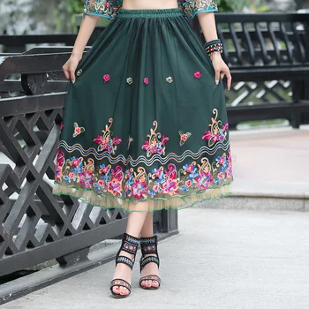 

KYQIAO femme jupes women AUTUMN SPRING Mexico style vintage long dark green embroidery solid midi skirt long skirts