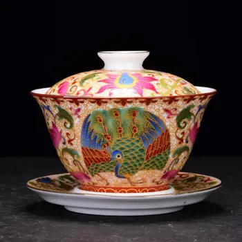 

Jingdezhen Porcelain Gaiwan Enamel Hand-painted Peony Tea Bowl with Saucer Lid Kit Master Tea Cup Tureen Teaware Drinkware