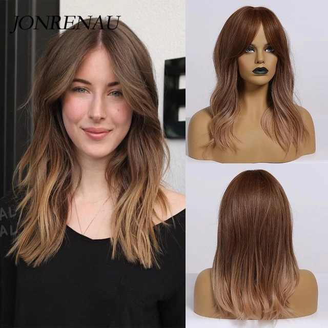 JONRENAU Long Natural Synthetic Straight Layered Hairstyle Wig Black Ombre Brown To Blonde Wigs for Black Women with Bangs Hair LC259-4