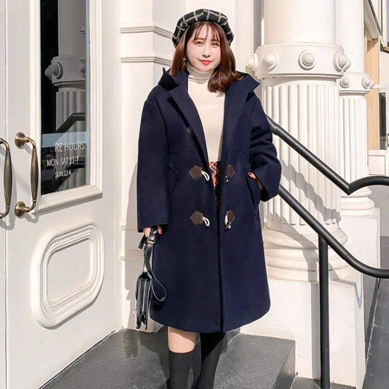 Navy blue Новинка, зимнее женское Шерстяное Пальто, модное свободное шерстяное пальто размера плюс средней длины, Женское шерстяное пальто с роговой пряжкой, утолщенное - Цвет: Navy blue