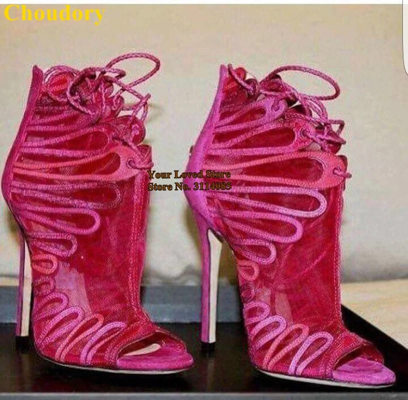 玫红粉蝴蝶网纱系带鱼嘴短靴 - 副本 (2)