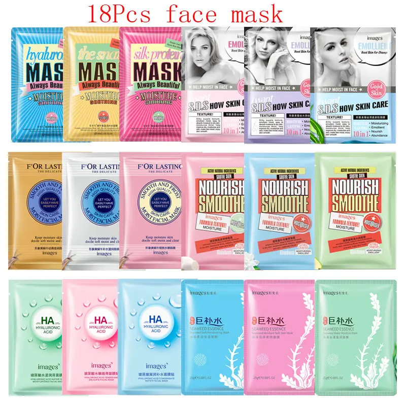 

18Pcs snail fibroin Essence seaweed hyaluronic acid Series Mixed Face Mask Moisturizing Oil-control Anti-Aging Facial Masks