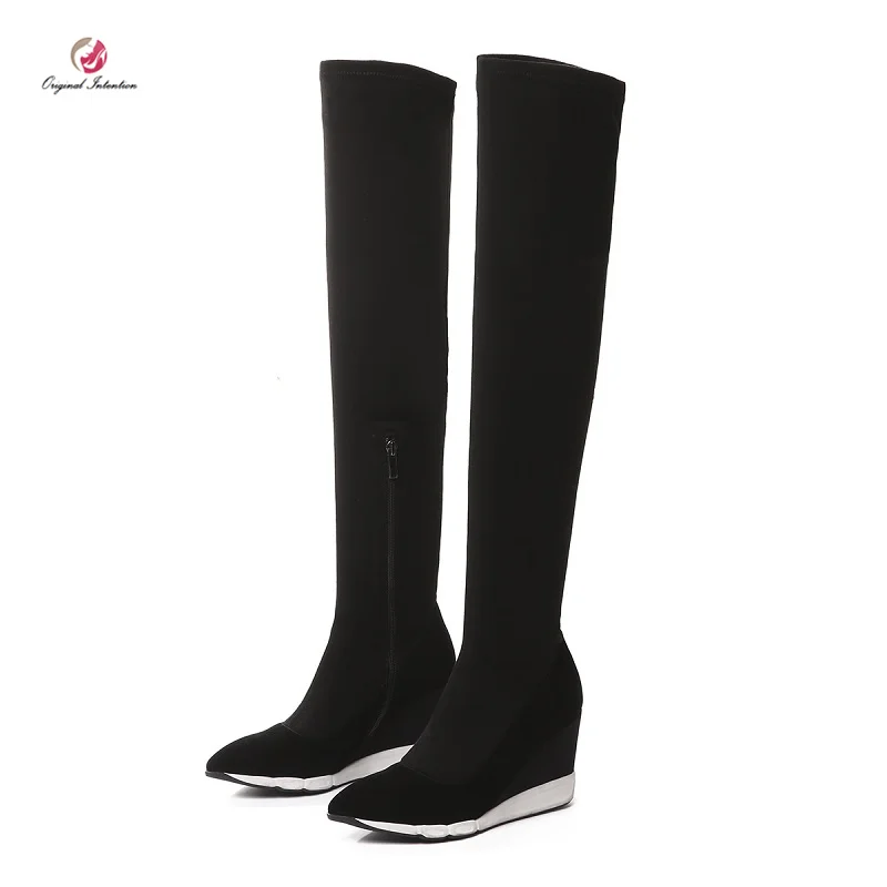 

Original Intention Over The Knee High Boots Woman Black Flats Wedges Pointed Toe Winter Boots Warm Shoes Woman Fashion Casual