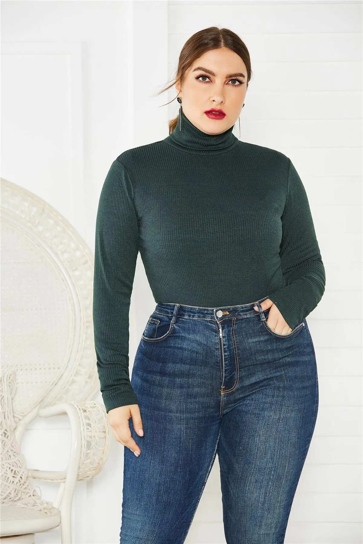 Plus Size Women Elegant Turtleneck Long Sleeve Knitted Bodysuits Autumn Winter New Solid Casual Bottoming Short Jumpsuits Female long sleeve bodysuit