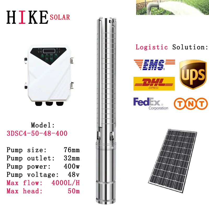 

Hike solar equipment Solar Water Pump 48V 400W 3" DC Deep Well MPPT Controller Stainless Steel Impeller Model: 3DSC4-50-48-400