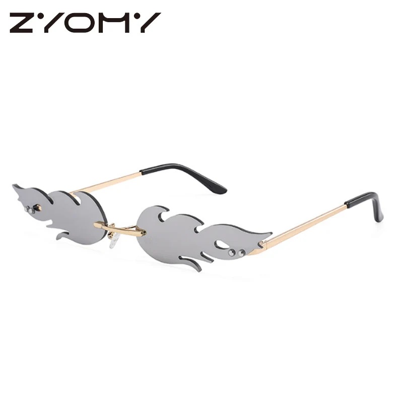 Zyomy мужские новые оттенков Oculos De Sol женские солнцезащитные очки без оправы фирменный дизайн огненный стиль пламя UV400 унисекс солнцезащитные очки металлические - Цвет оправы: Серебристый