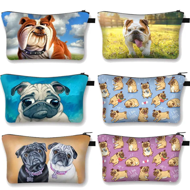 Bolsas de cosméticos con estampado de perro Pug 3D para mujer, Mini bolso de viaje con diseño de pavo real, bonito para Neceser de maquillaje